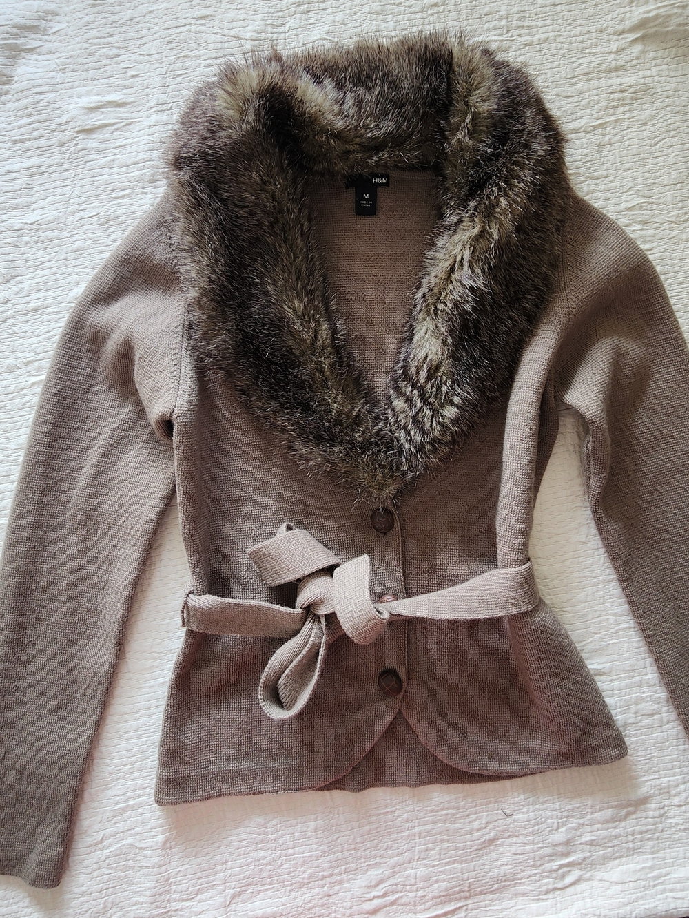 H&M Taupe Knit Cardigan with Faux Fur Shawl Collar and Tie Belt